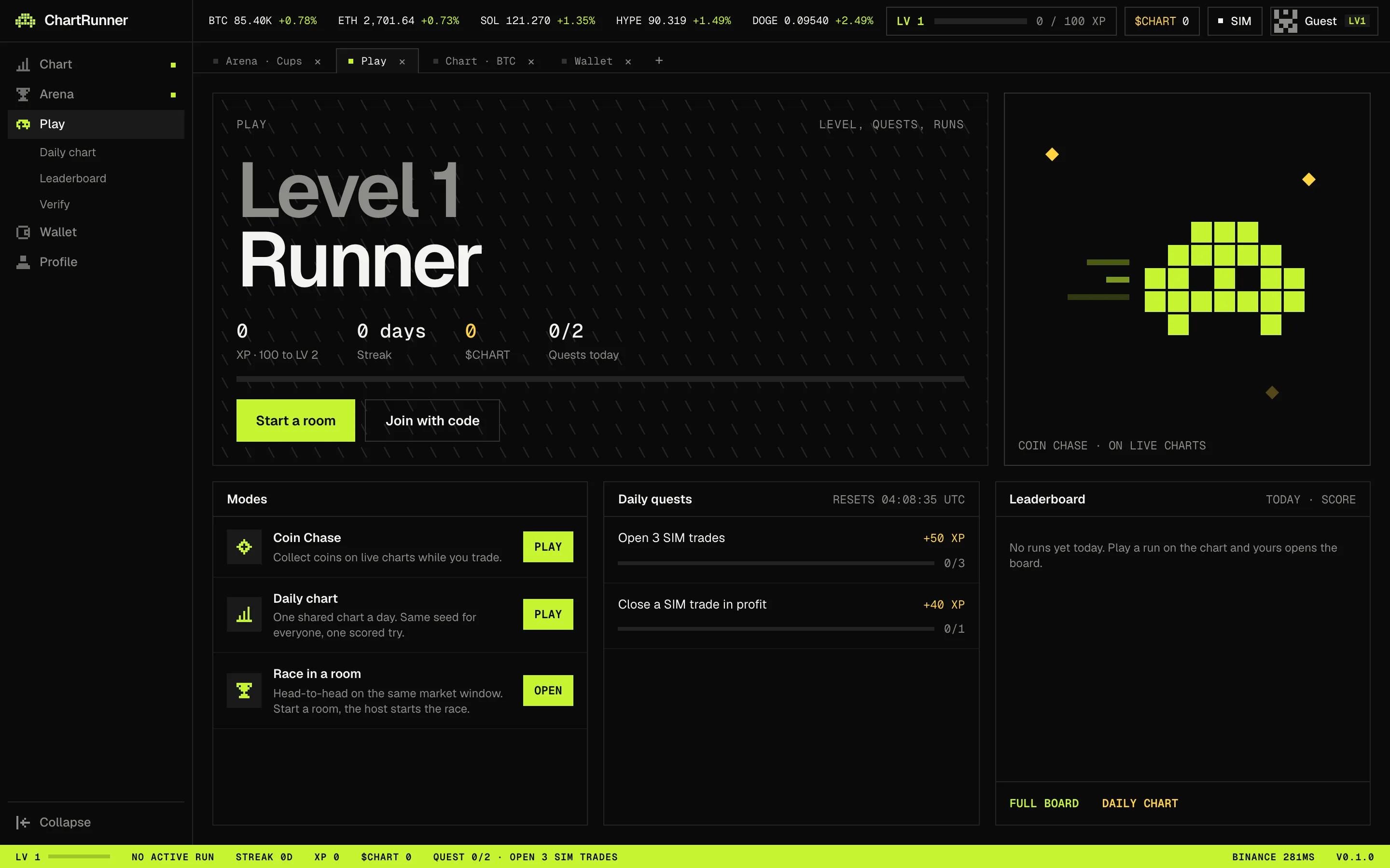 ChartRunner Arcade with level, game modes, daily quests and leaderboard