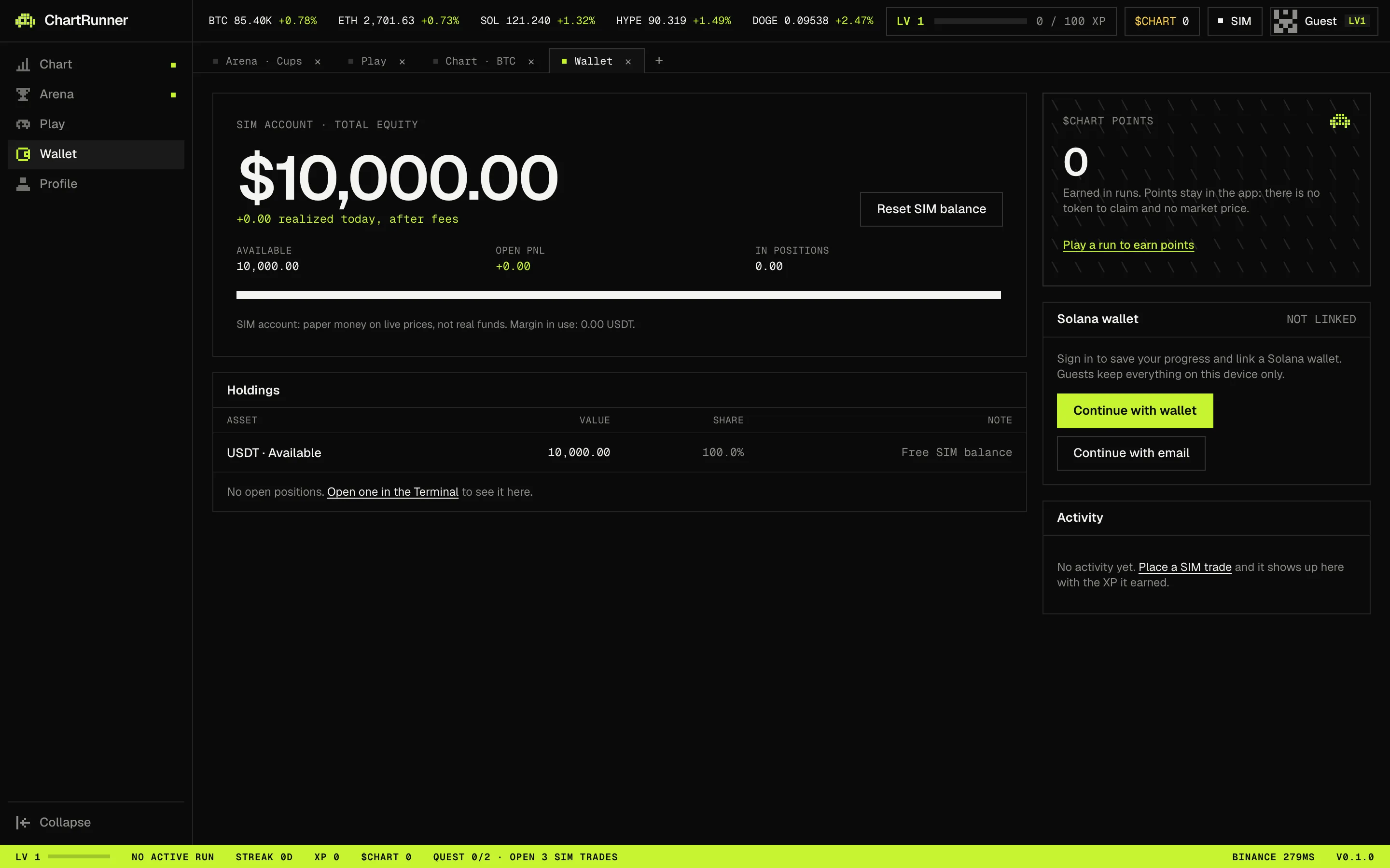 ChartRunner Wallet with SIM equity, holdings, $CHART points and activity