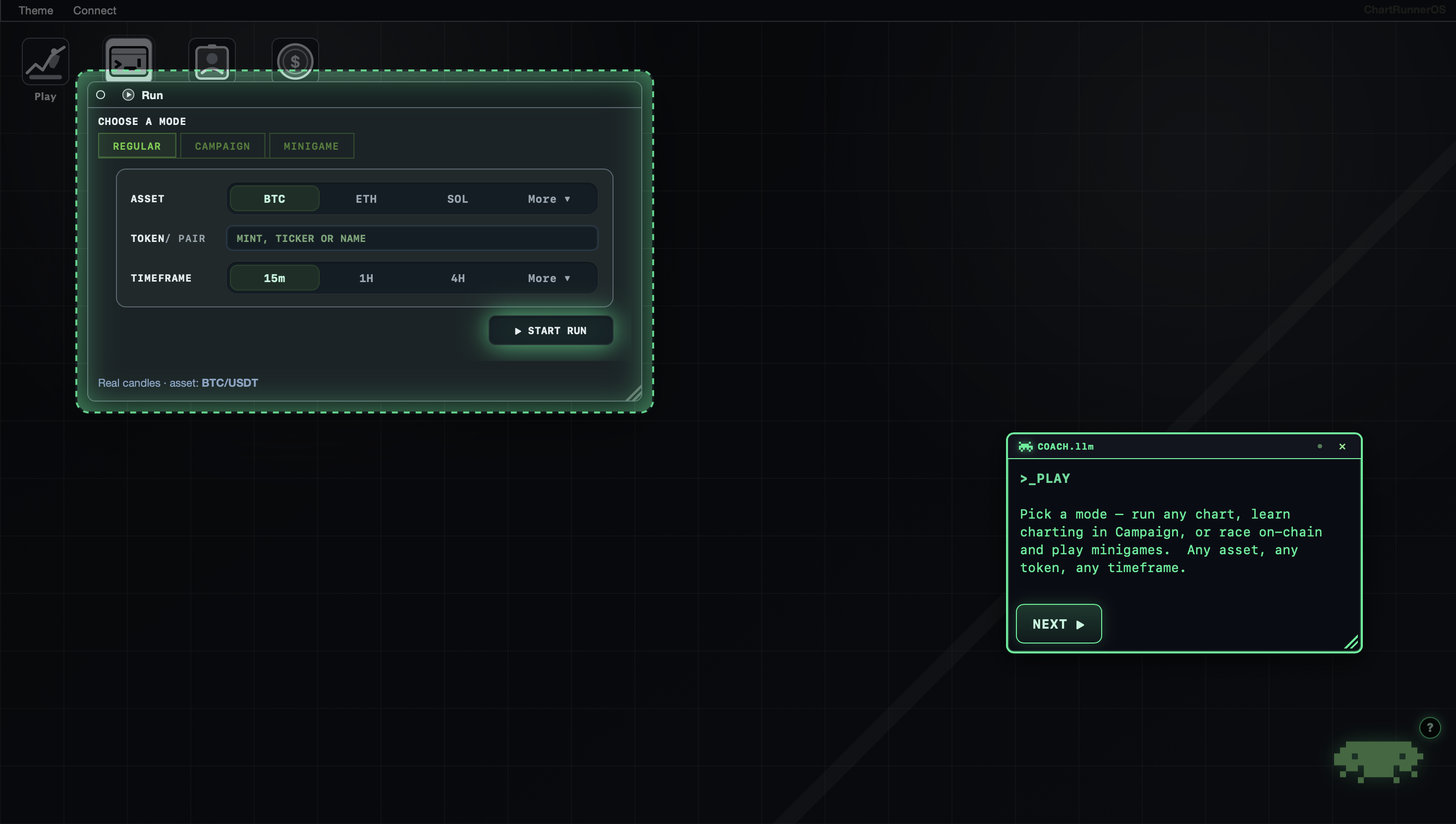 ChartRunner Run window: choose Regular, Campaign or Minigame, pick an asset and timeframe, and press Start Run while COACH.llm explains the modes